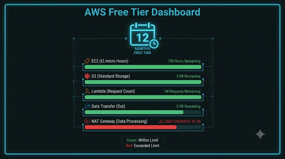 AWS free tier dashboard showing per-service usage bars and one service over its limit