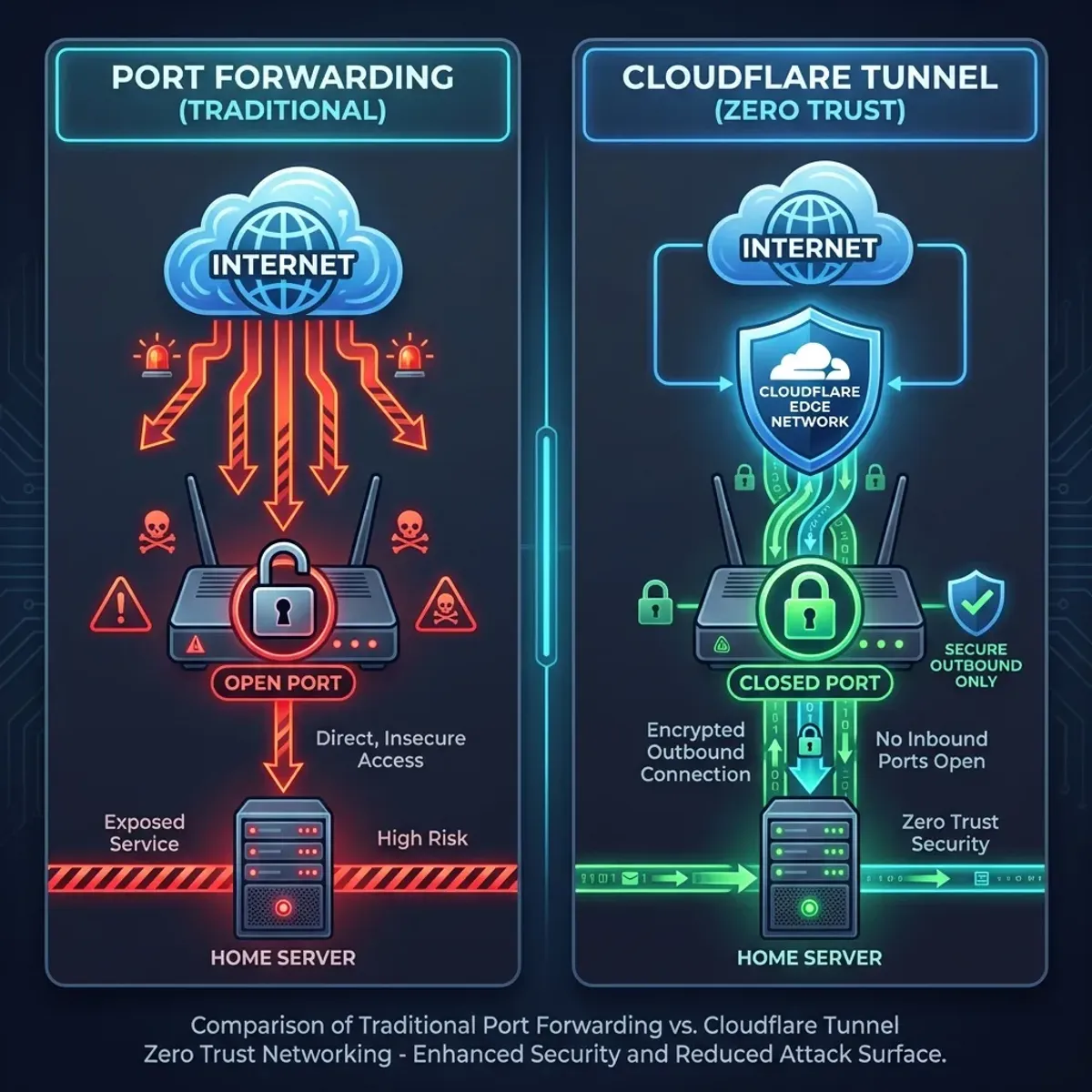 Cloudflare Tunnel architecture compared to traditional Port Forwarding