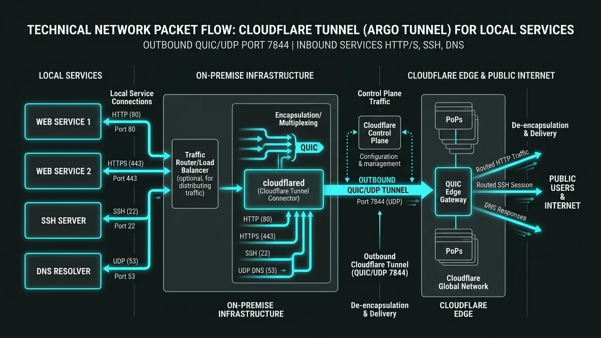 Cloudflare Tunnel packet flow showing outbound QUIC connections to edge data centers Technical network packet flow diagram showing Cloudflare Tunnel handling port 7844 UDP QUIC outbound to Cloudflare Edge while serving local services