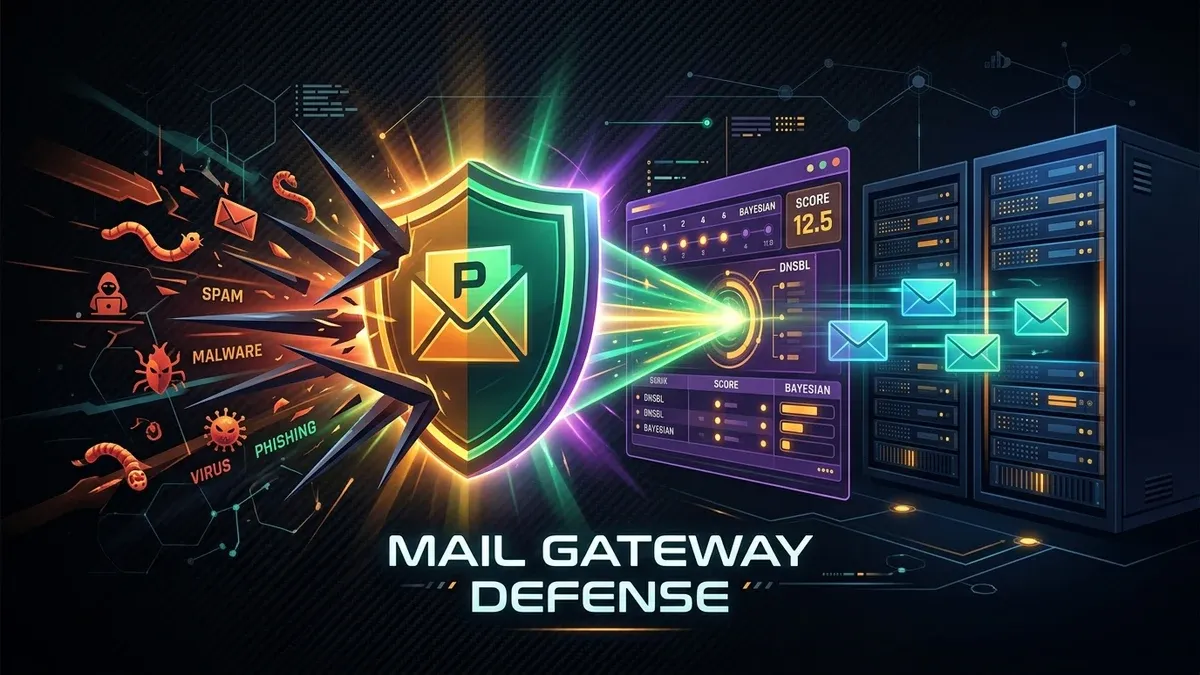 Proxmox Mail Gateway filtering chain applying SpamAssassin, ClamAV, and DNSBL checks before delivery