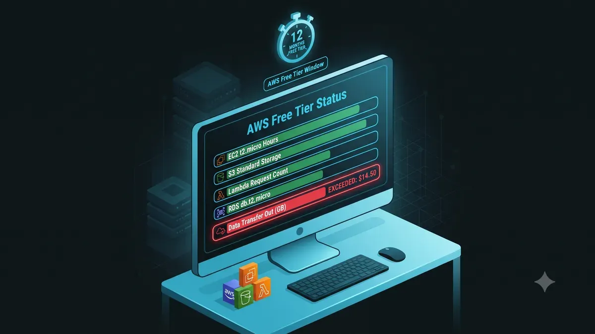 AWS free tier dashboard with usage bars, one exceeding its limit, and a 12 month countdown