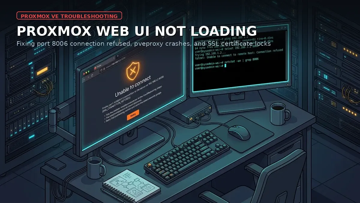 Proxmox VE web interface connection refused on port 8006 with sysadmin terminal diagnosis