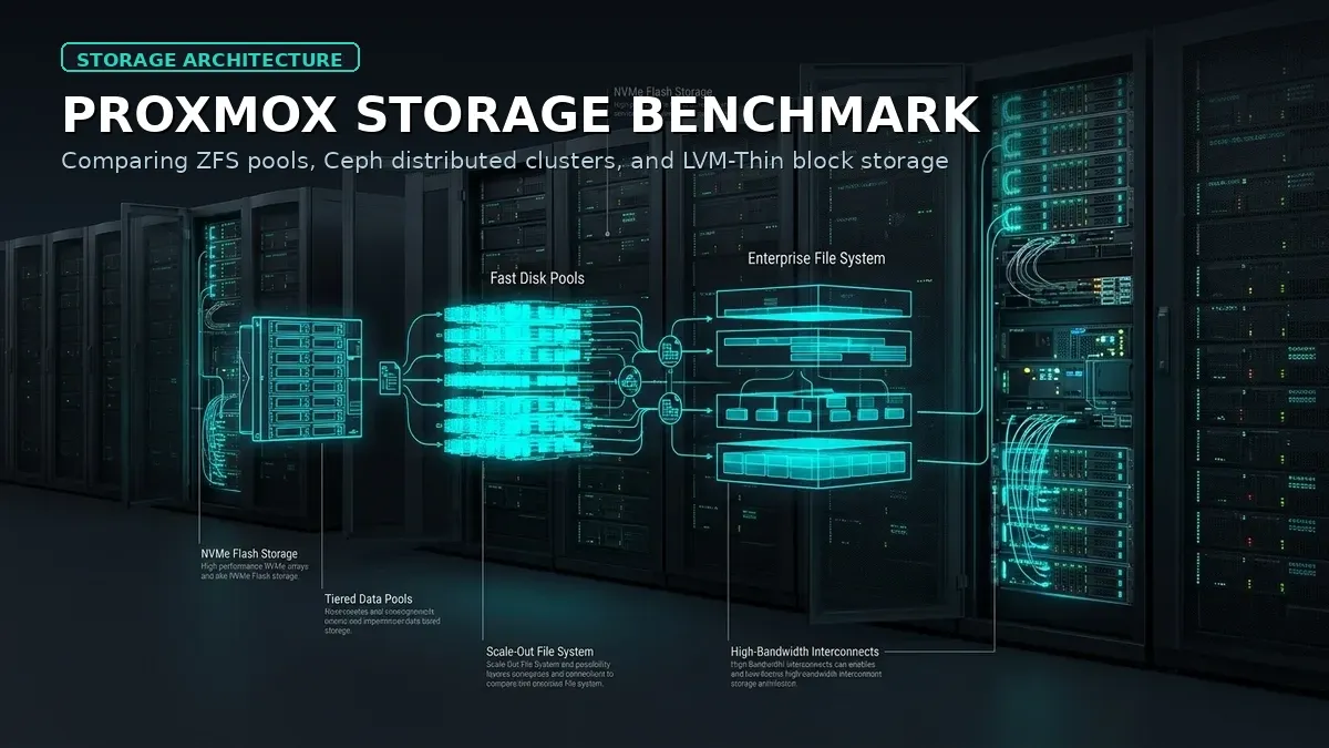 Proxmox VE high-performance storage architecture comparing ZFS, Ceph, and LVM-Thin disk pools