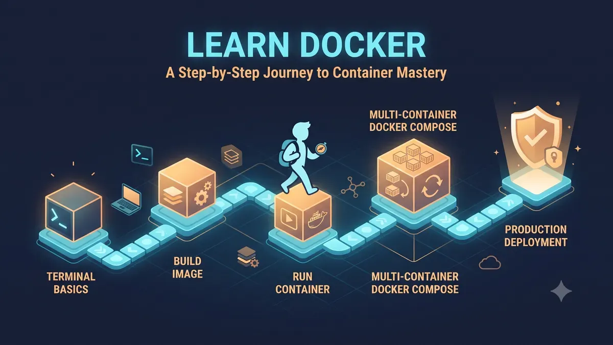 Illustration of a Docker learning roadmap timeline from first container to production