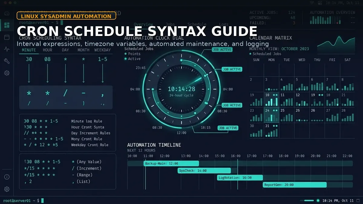 Linux system administrator automation dashboard showing crontab scheduling syntax and execution intervals