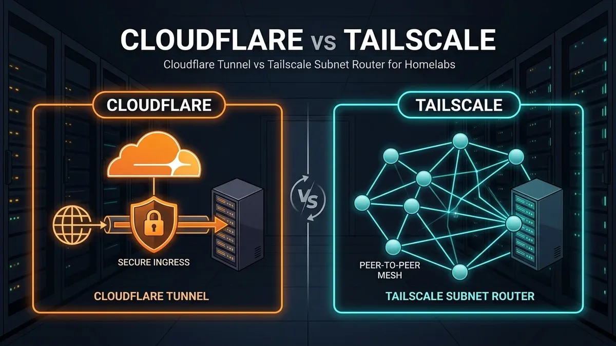 Comparison diagram of a Layer 7 Cloudflare Tunnel and a Layer 3 Tailscale subnet router