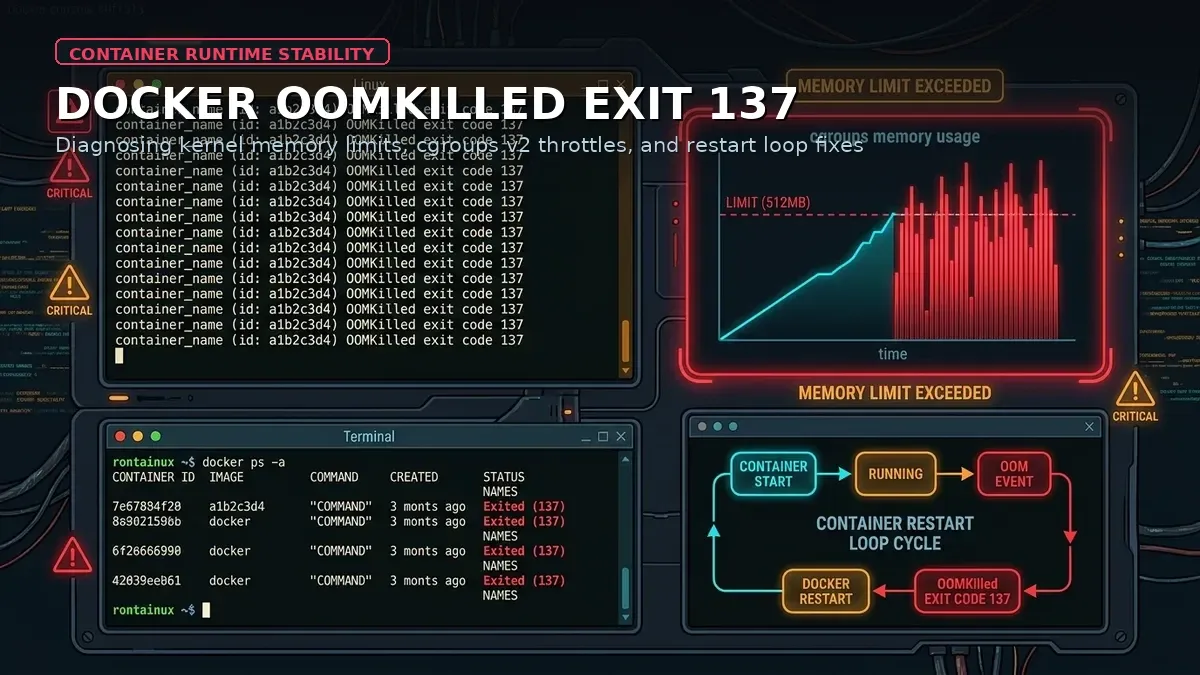 Linux terminal monitoring container restart loops and OOMKilled exit code 137 alert