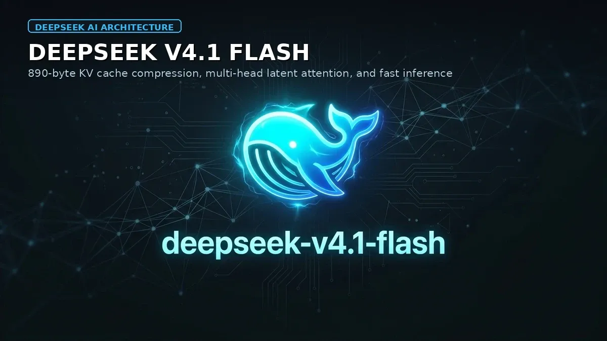 DeepSeek logo glowing in cyan with deepseek-v4.1-flash typography on dark background