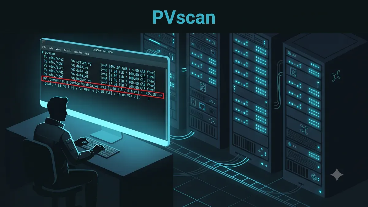 System administrator checking LVM physical volume status in a terminal after pvscan reports a missing disk