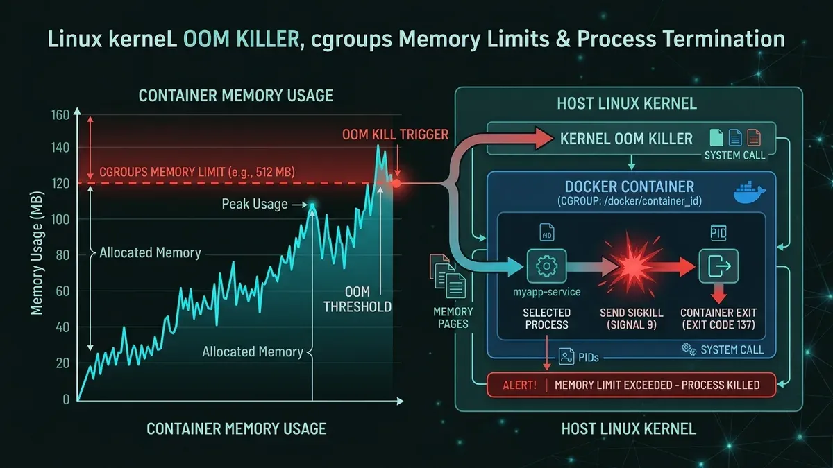 Linux kernel OOM Killer and cgroups memory limits terminating Docker containers Technical diagram showing Linux kernel OOM Killer and cgroups memory limits in Docker