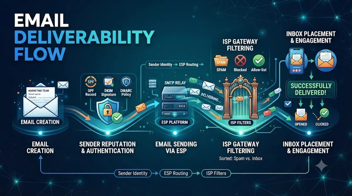 Email deliverability flow diagram showing SPF, DKIM, DMARC verification path and common failure points