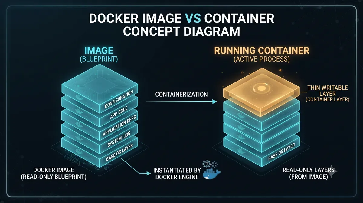 An image is the read-only blueprint, a container is the running instance with a writable layer Image versus container comparison