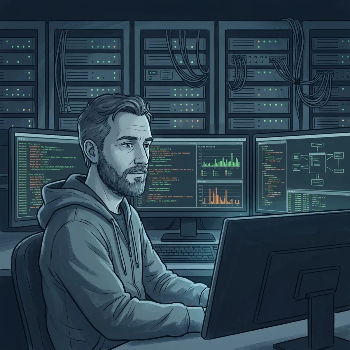 Ilustrasi System Administrator bekerja di terminal Linux