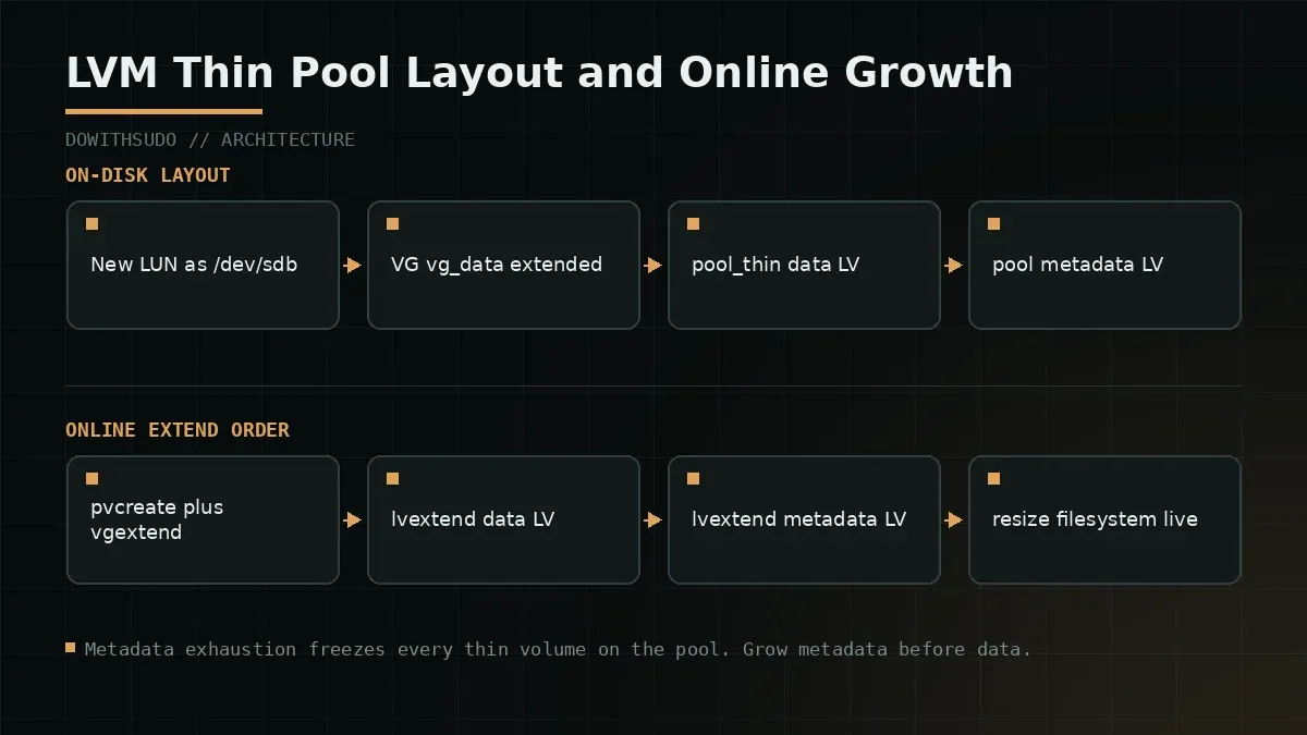 On-disk layout of a thin pool and the order of online extension steps LVM Thin Pool Layout and Online Growth