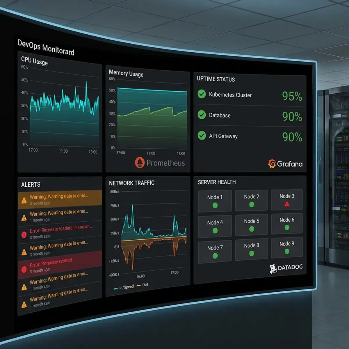 Infrastructure monitoring dashboard with various metrics