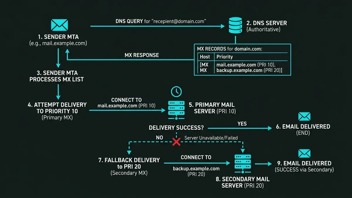 DNS MX record resolution workflow showing priority handling and backup failover Technical flowchart showing DNS MX record resolution and priority handling connecting to primary and secondary mail servers