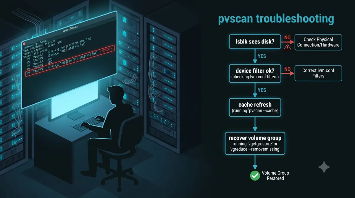 pvscan troubleshooting decision flow: check kernel, check device filter, refresh cache, recover volume group