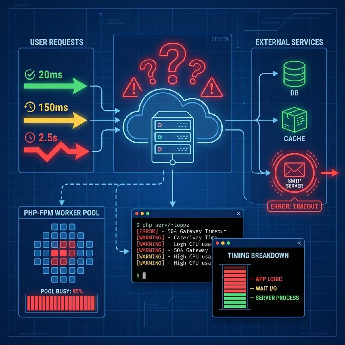 Illustration of web server troubleshooting process with various tools